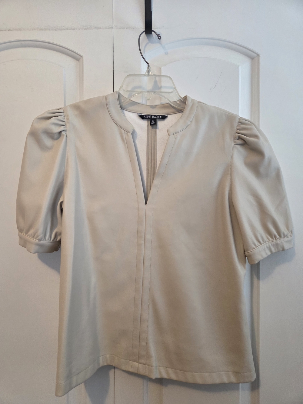 Steve Madden Faux Leather Puff Sleeve Notch Neck Top